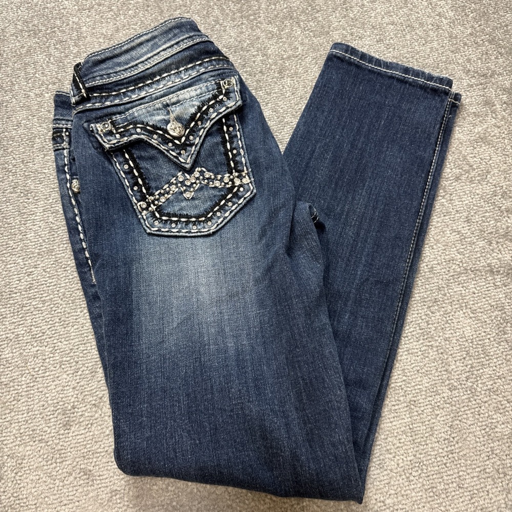 Miss Me 27 Skinny Blue Jeans JE105255 Embellished Silver Stitch Buckle